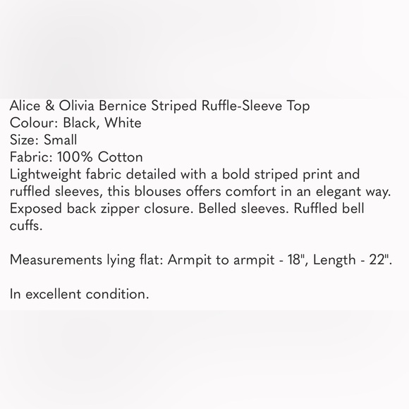 Alice & Olivia Bernice Striped Ruffle-Sleeve Top Black White Size Small - Picture 9 of 9